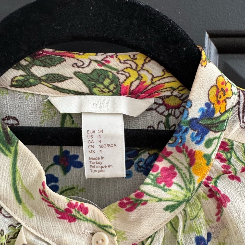 H&M Cream Floral Button-Up Blouse with Pink, Yellow, Blue and Green Accents - Picture 2 of 3